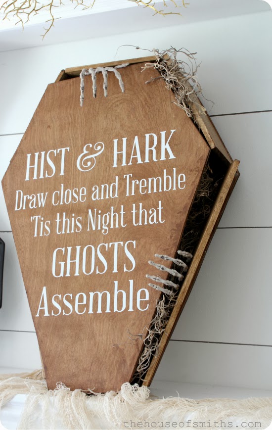 DIY Creepy stained coffin with saying - thehouseofsmiths.com